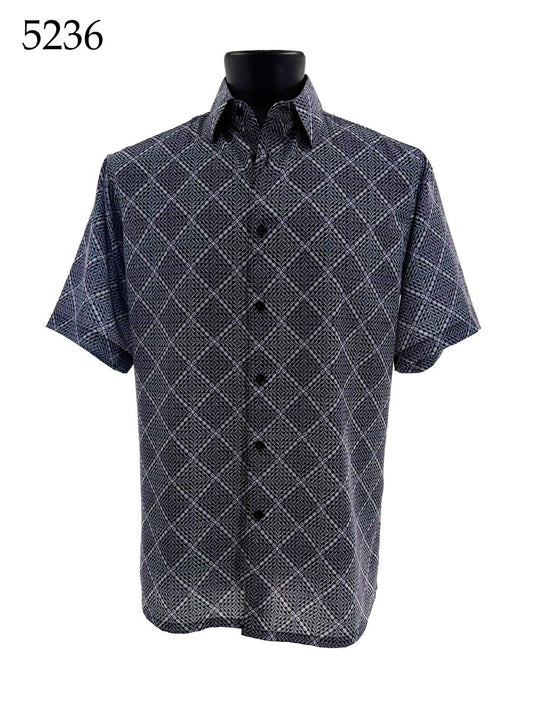 The Bassiri Short Sleeve Shirt 5236, a regular-fit, black and white diamond pattern button-up from Bassiri, is displayed on a mannequin with the number 5236 in the top left corner.