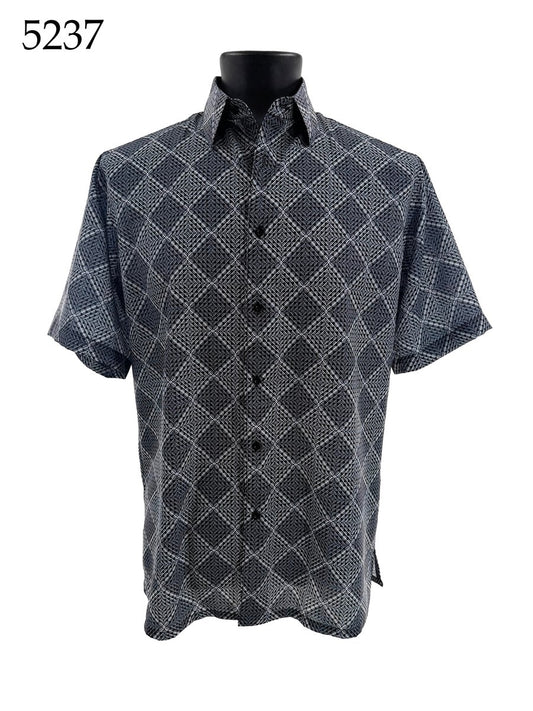 The Bassiri Short Sleeve Shirt 5237 by Bassiri, in a Regular Fit with a black and white geometric diamond pattern, is shown on a black mannequin. The number 5237 is displayed in the top left corner.