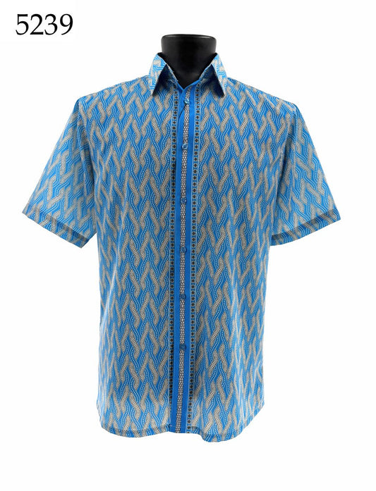 Bassiri Short Sleeve Shirt 5239 by Bassiri, featuring a regular fit and blue, beige, and white geometric pattern, shown on a black mannequin. Number 5239 appears in the top left corner.