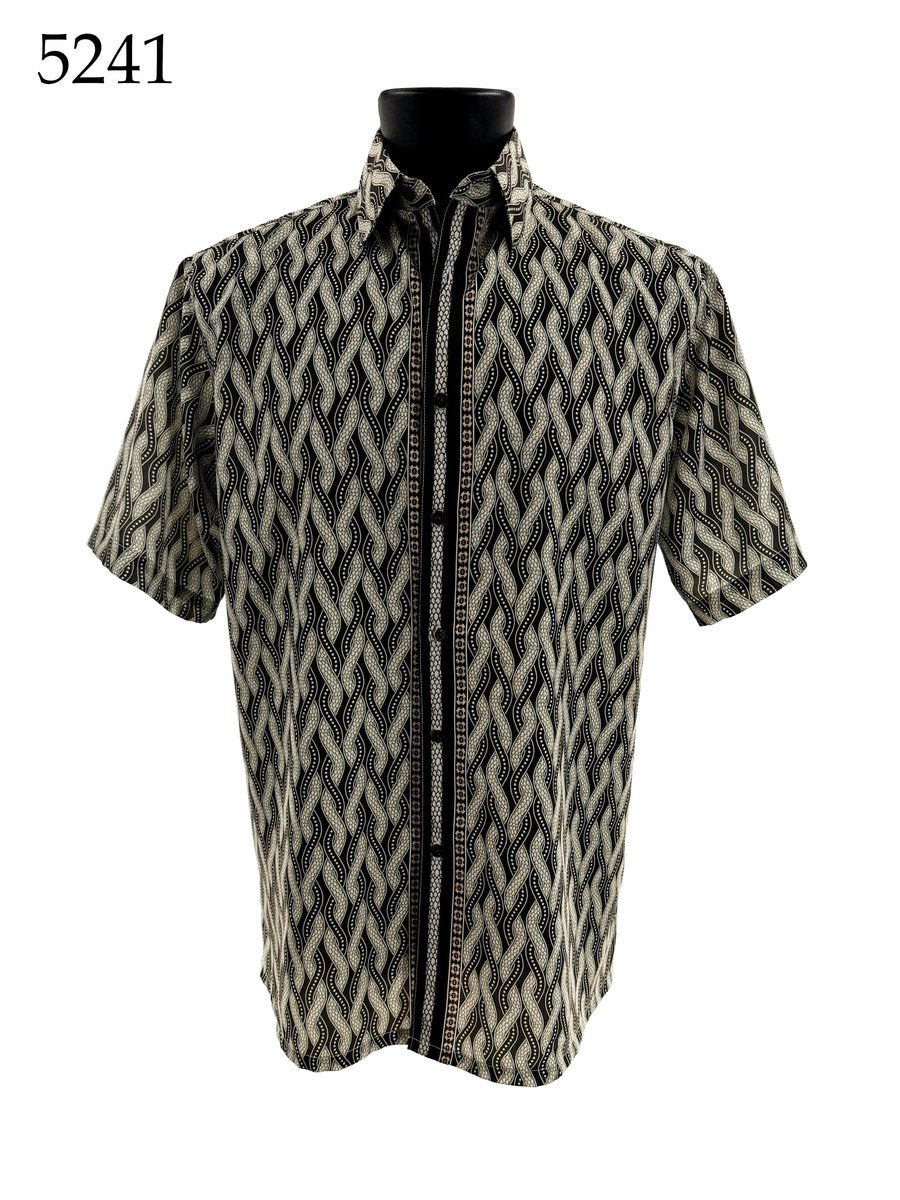 Bassiri Short Sleeve Shirt 5241 by Bassiri, shown on a mannequin, features a black and white geometric pattern and Regular Fit. Number 5241 appears in the top left corner.