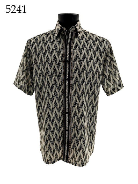 Bassiri Short Sleeve Shirt 5241 by Bassiri, shown on a mannequin, features a black and white geometric pattern and Regular Fit. Number 5241 appears in the top left corner.