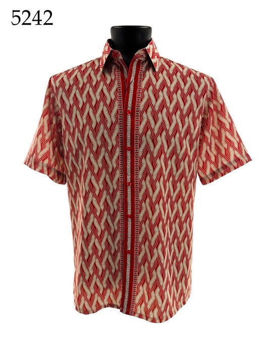 Bassiri Short Sleeve Shirt 5242 by Bassiri features a red and beige geometric pattern, regular fit, short sleeves, and button-up front. Displayed on a black mannequin with "5242" in the top left corner.