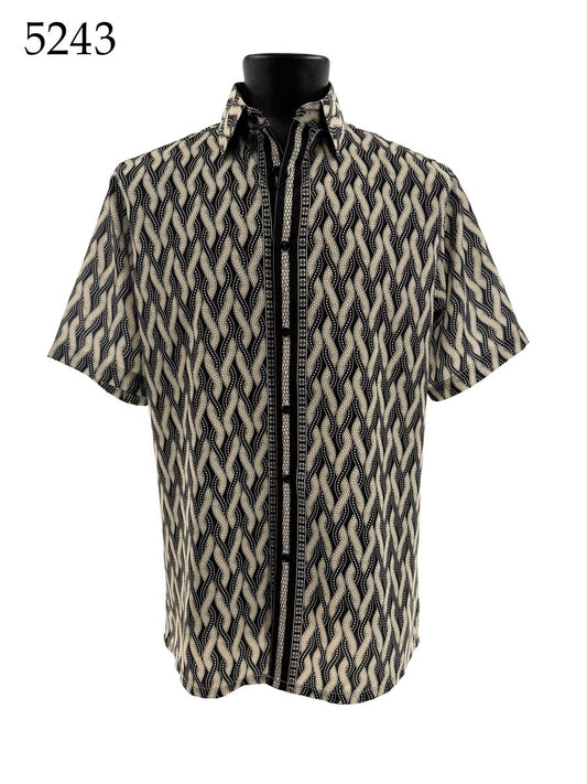 The Bassiri Short Sleeve Shirt 5243, a regular fit button-up with a black and beige geometric woven pattern, is shown on a black mannequin. "5243" appears in the top left corner.