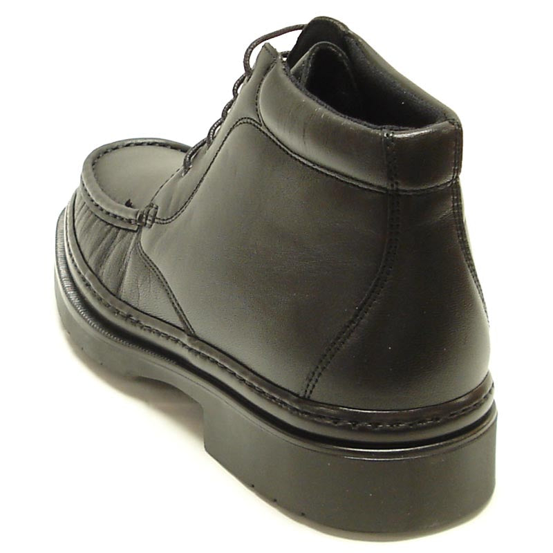 A pair of Pinoso's P-5246 Belka Black Leather Lace-up Boots—made in Spain—with thick rubber soles and detailed stitching.