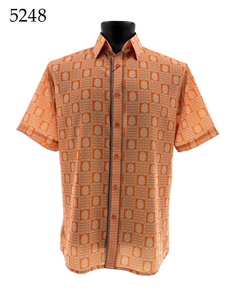 The Bassiri Short Sleeve Shirt 5248, featuring an orange and beige geometric pattern and regular fit, is shown on a mannequin. The number "5248" appears in the top left corner.