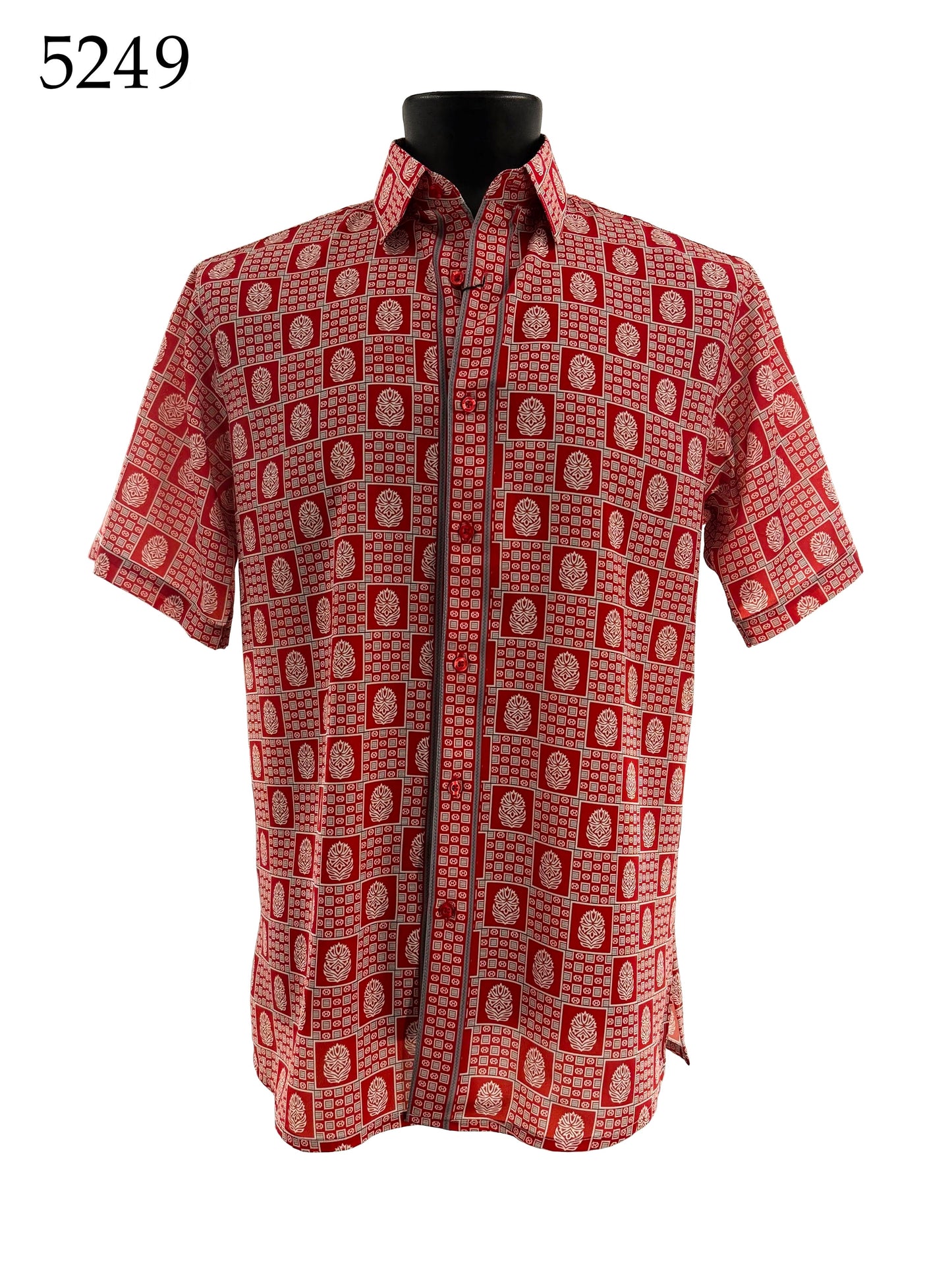 Bassiri Short Sleeve Shirt 5249 by Bassiri, featuring a red regular fit with geometric and floral patterns, is displayed on a mannequin. "5249" appears in the top left corner.