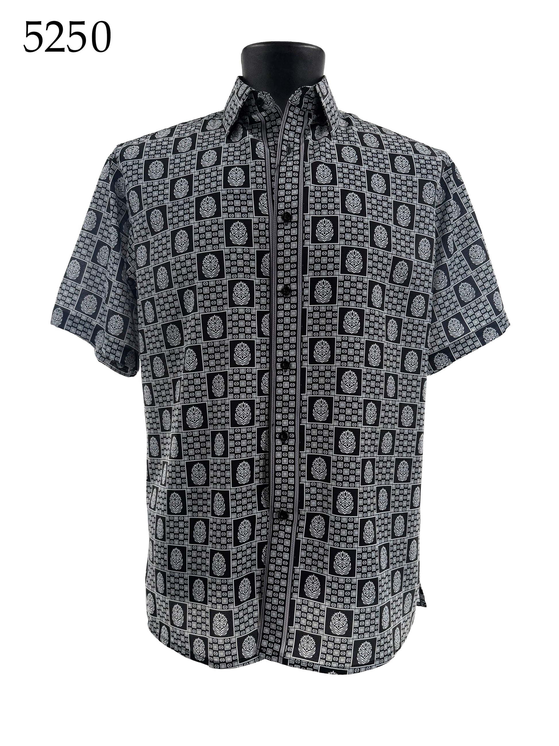 Bassiri Short Sleeve Shirt 5250 by Bassiri, shown on a mannequin, features a regular fit and black-and-white geometric and floral patterns. The number 5250 is in the top left corner.