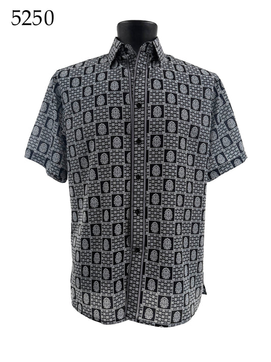 Bassiri Short Sleeve Shirt 5250 by Bassiri, shown on a mannequin, features a regular fit and black-and-white geometric and floral patterns. The number 5250 is in the top left corner.