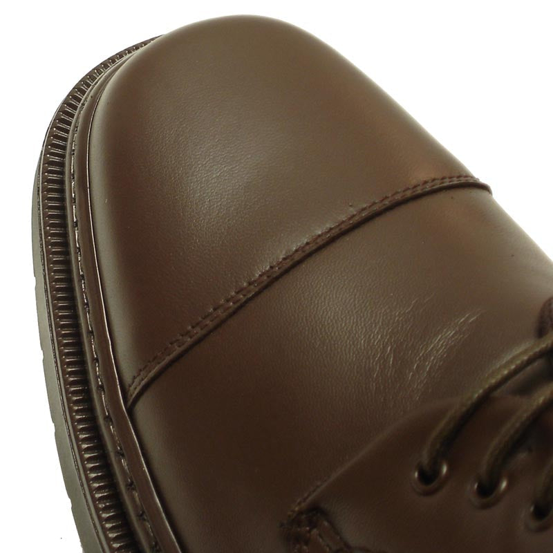 A pair of Pinoso's P-5285 Belka brown leather lace-up cap toe shoes, made in Spain, with black soles, are shown side by side on a white background.