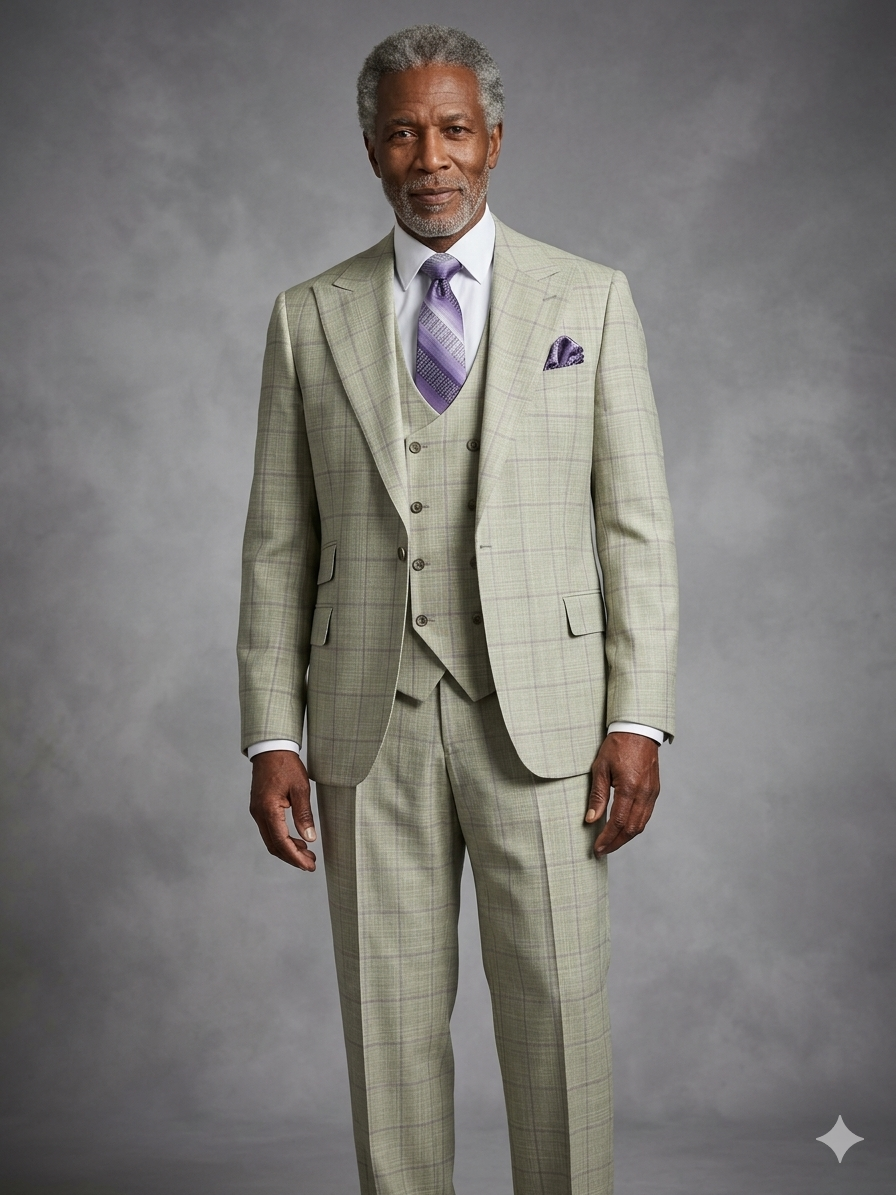 A gray-haired man wears a Tiglio Rosso Orvietto Semi Light Sage/Lavender Window Pane three-piece suit (wide leg, TL26306), accented with a lavender tie and pocket square, standing before a gray studio backdrop.