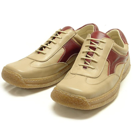 The Pinoso's P-5456 Javier Beige Red Leather Lace-up Sneaker features soft Nappa leather uppers and textured rubber soles, shown side by side. Made in Spain.