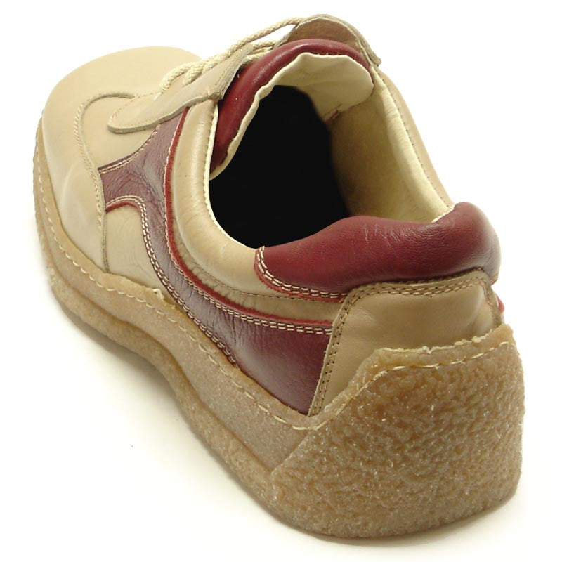 The Pinoso's P-5456 Javier Beige Red Leather Lace-up Sneaker features soft Nappa leather uppers and textured rubber soles, shown side by side. Made in Spain.