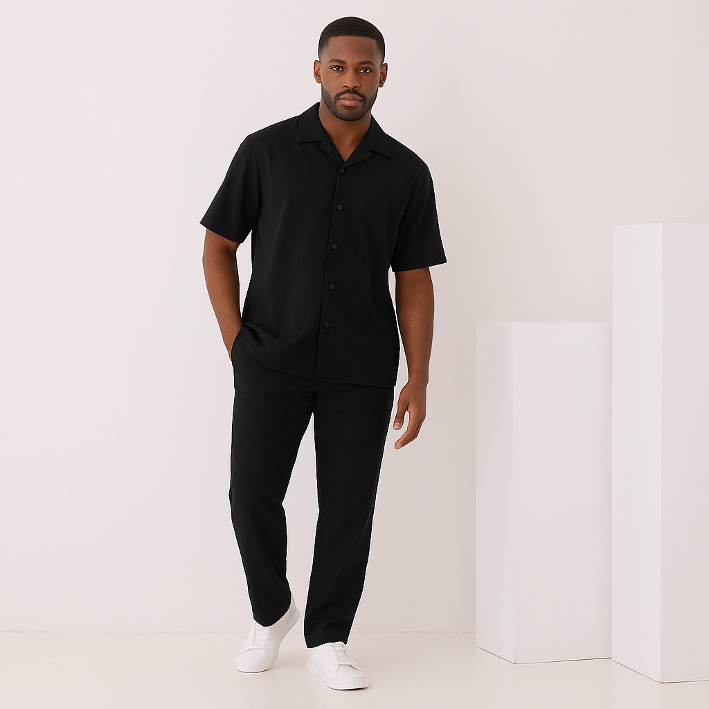 The Inserch 2pc Set features a white short-sleeve microfiber button-up shirt with a spread collar, laid flat on a light background. Brand: Inserch.