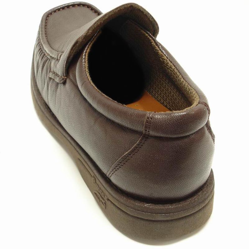 The P-5614-668 Brown Leather Slip on Loafer by Pinoso's, made in Spain, features a classic handcrafted men's loafer design with visible stitching and rubber soles, displayed side by side on a plain background.