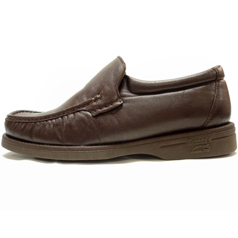 The P-5614-668 Brown Leather Slip on Loafer by Pinoso's, made in Spain, features a classic handcrafted men's loafer design with visible stitching and rubber soles, displayed side by side on a plain background.