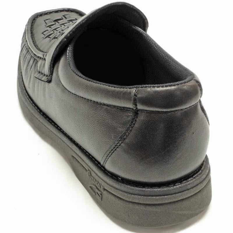 The Pinoso's P-5614-P41 Black Leather Slip on Loafer for men features a woven design and thick rubber soles. Made in Spain, these stylish Nappa leather shoes are shown against a white background.