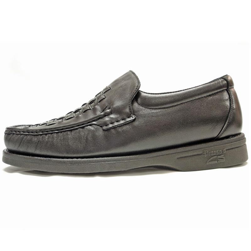 The Pinoso's P-5614-P41 Black Leather Slip on Loafer for men features a woven design and thick rubber soles. Made in Spain, these stylish Nappa leather shoes are shown against a white background.