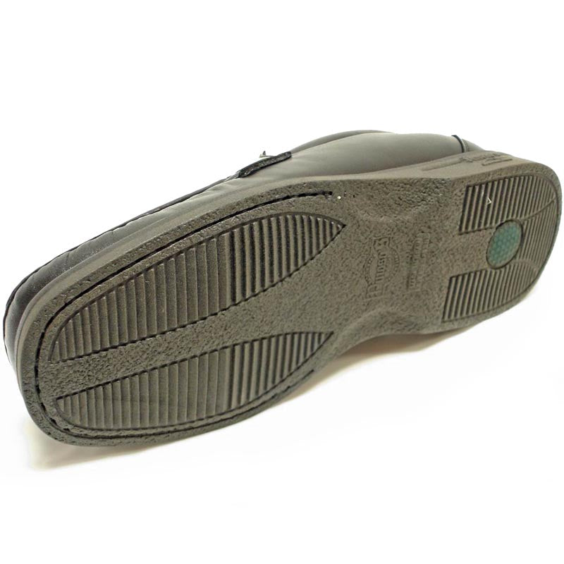 The Pinoso's P-5614-P41 Black Leather Slip on Loafer for men features a woven design and thick rubber soles. Made in Spain, these stylish Nappa leather shoes are shown against a white background.