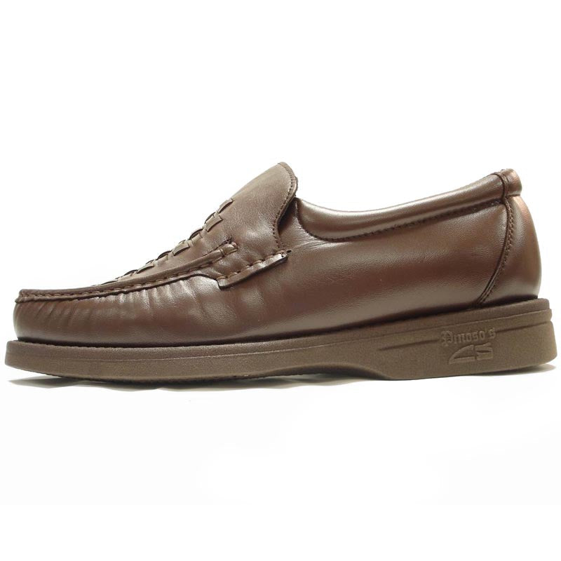 The Pinoso's P-5614-P41 Brown Leather Slip-On Loafer for men, made in Spain, features woven leather, handcrafted comfort, rounded toes, and thick rubber soles.
