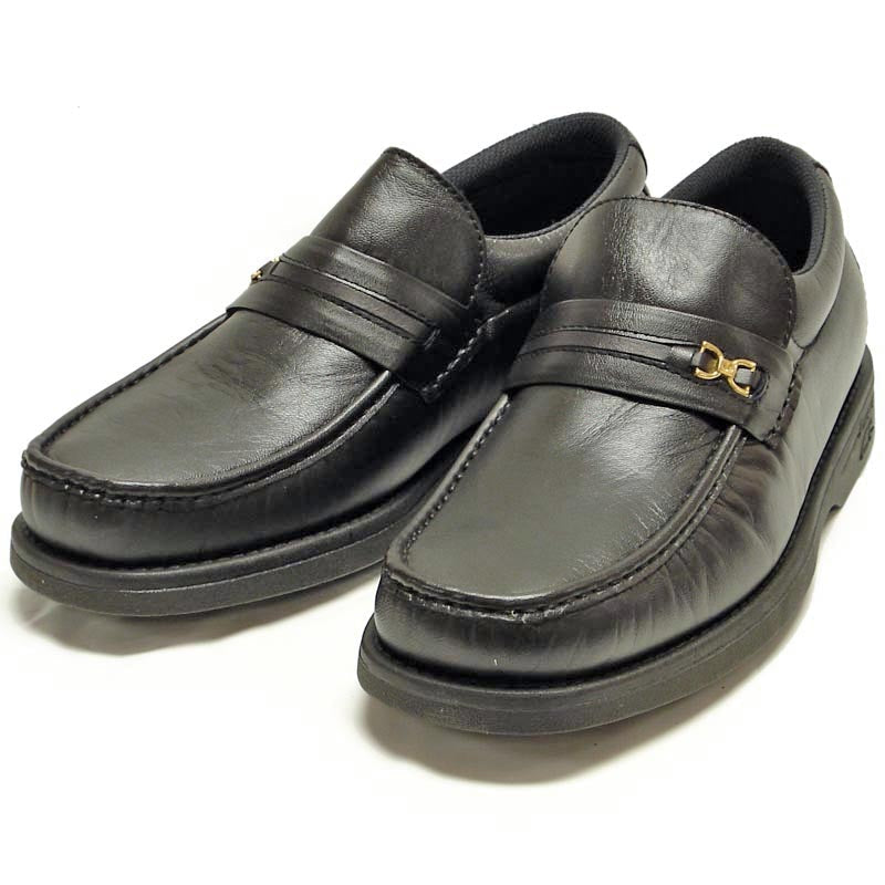 The Pinoso's P-5615-668 Black Leather Slip on Loafer for men is crafted in Spain from premium black leather, featuring a low heel and a decorative metal bit on the strap.