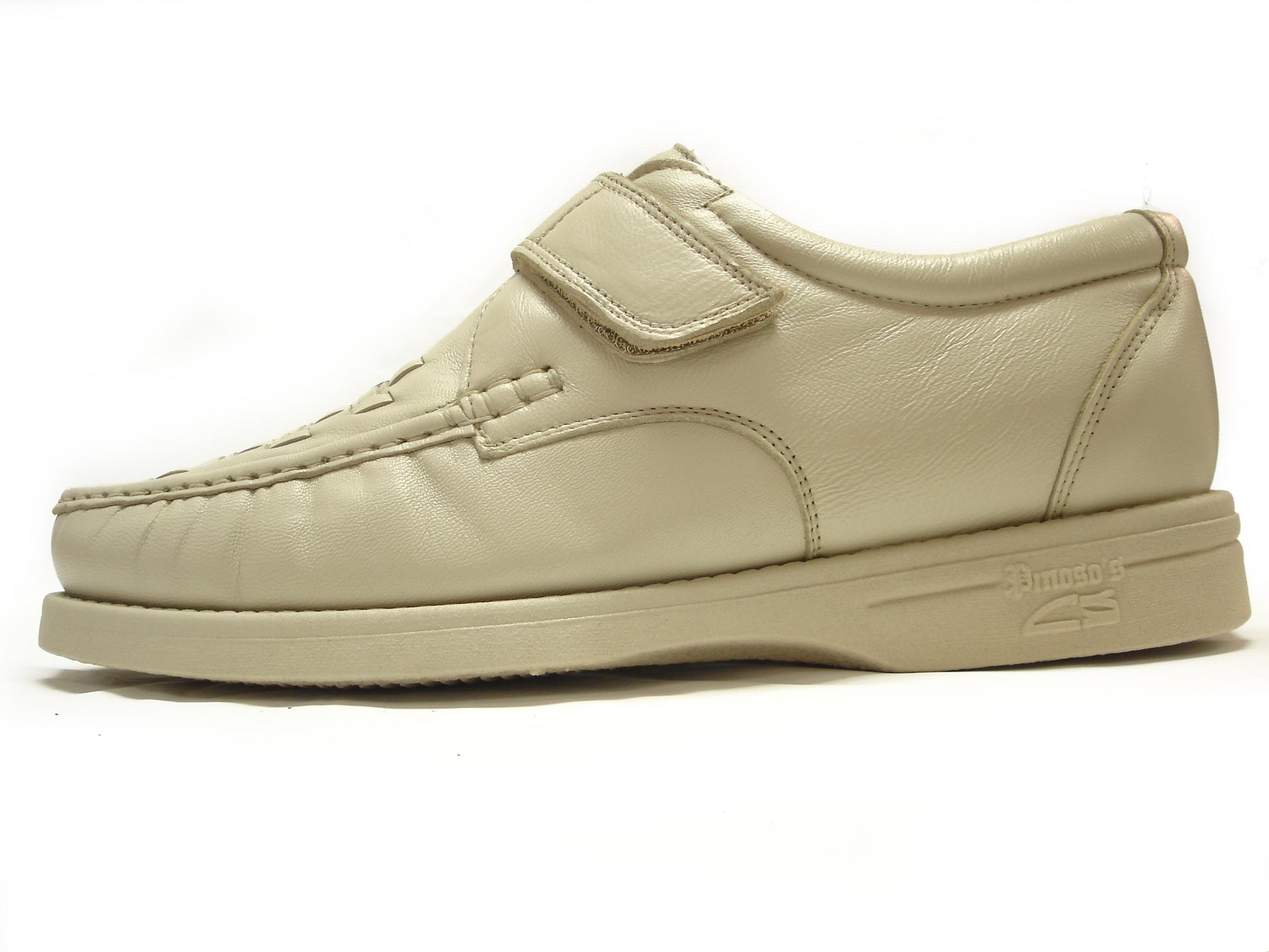 The Pinoso's P-5660-P41 Beige Leather Velcro men's shoes, made in Spain, feature woven detailing and hook-and-loop straps for handcrafted comfort, shown on a white background.