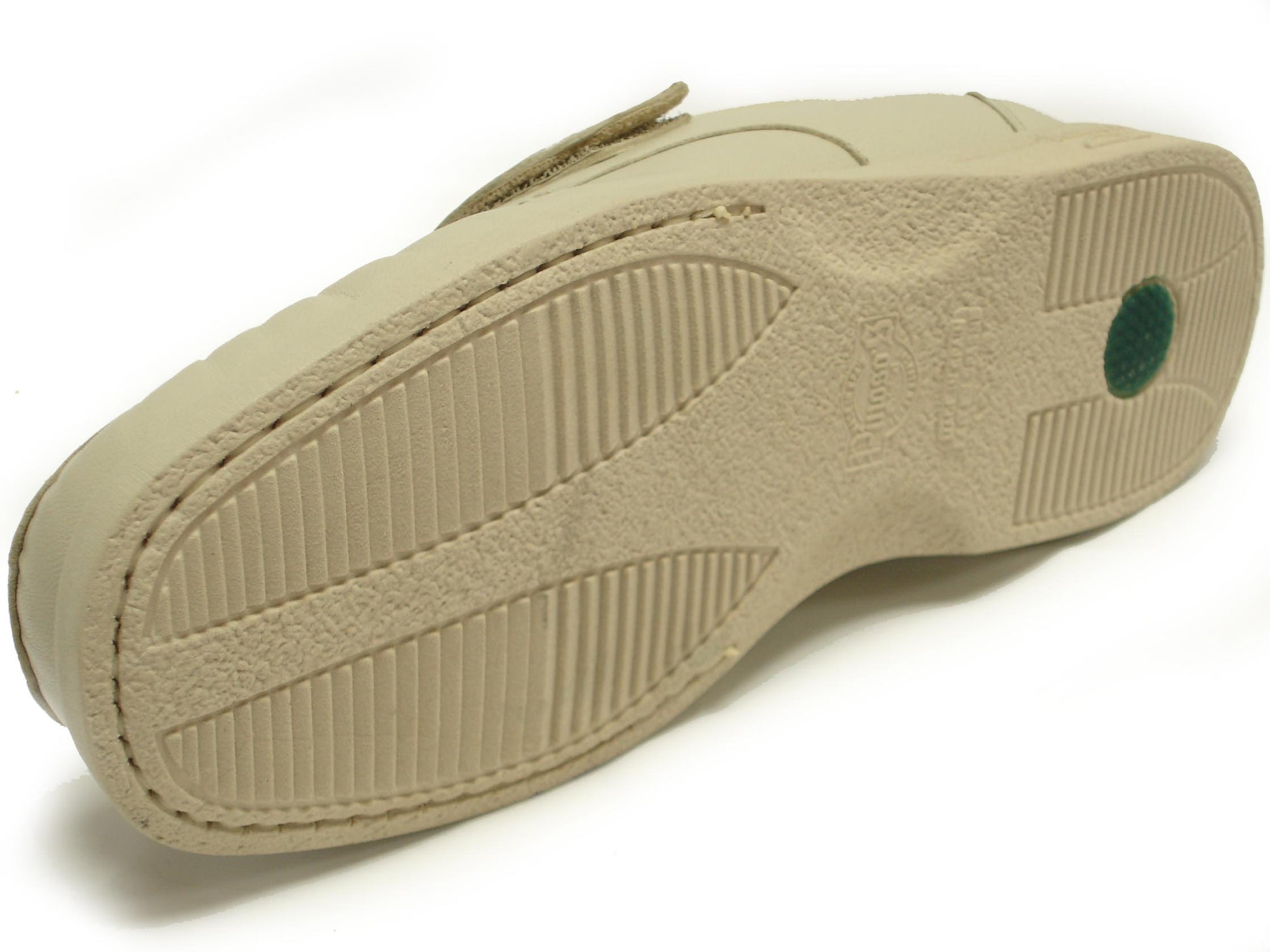 The Pinoso's P-5660-P41 Beige Leather Velcro men's shoes, made in Spain, feature woven detailing and hook-and-loop straps for handcrafted comfort, shown on a white background.