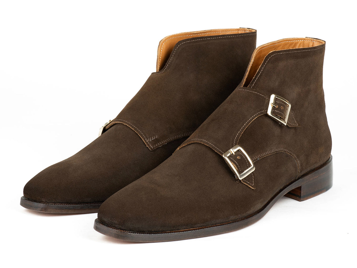 Introducing the Paul Parkman Double Monkstrap Ankle Boots in Brown Suede - 8154-SDB, showcasing a sleek design with two silver buckles and a leather sole. Experience the elegance of handmade craftsmanship that prioritizes both style and comfort.
