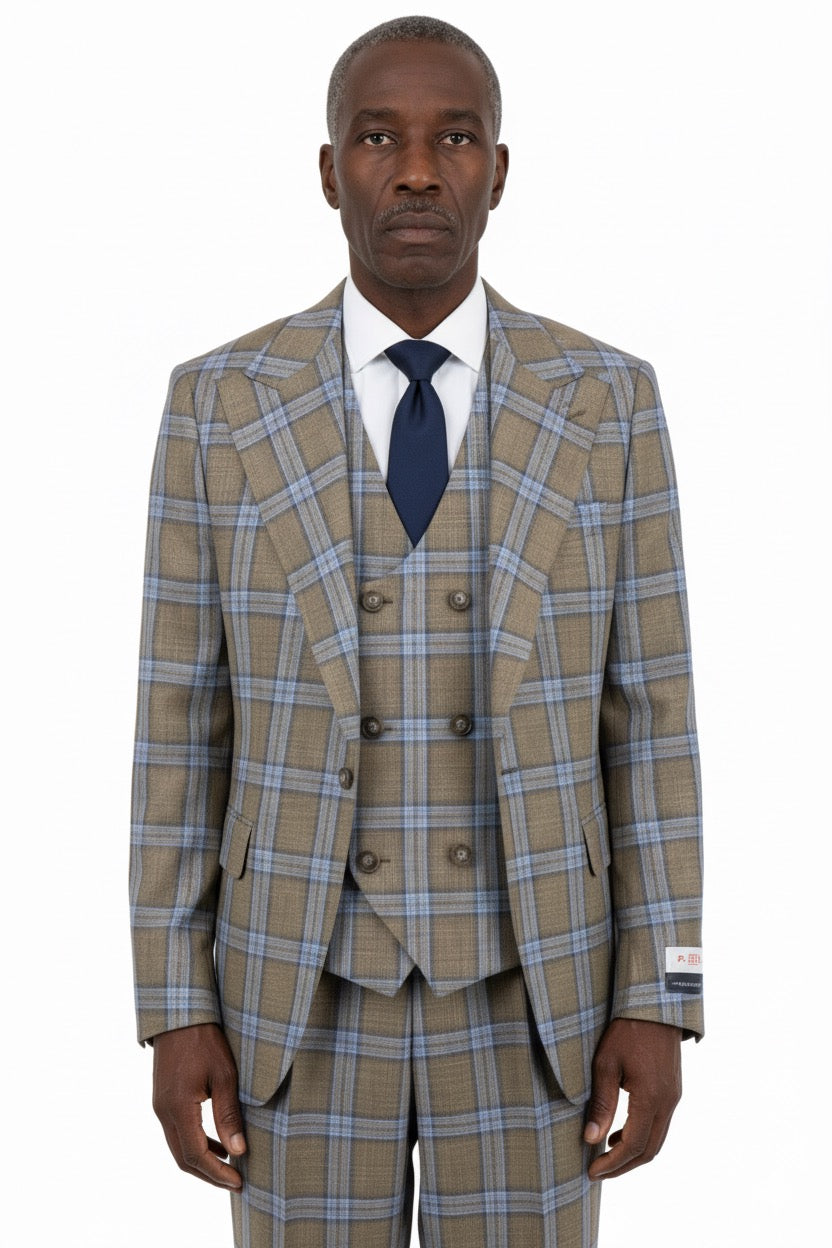 Tiglio Rosso Orvietto Semi Wide Leg Caramel/Lt Blue TL8304 suit by Tiglio Rosso, 100% wool in caramel and light blue plaid, includes a notch lapel blazer and matching trousers, shown on a white background.