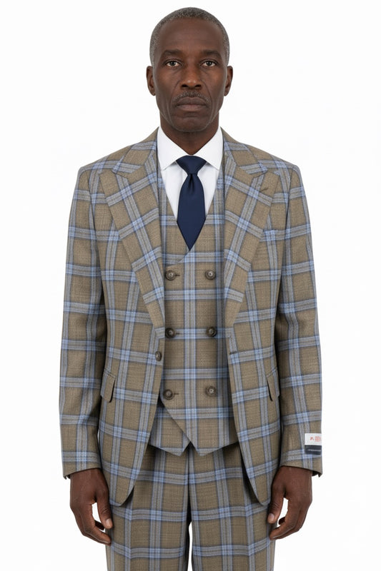 Tiglio Rosso Orvietto Semi Wide Leg Caramel/Lt Blue TL8304 suit by Tiglio Rosso, 100% wool in caramel and light blue plaid, includes a notch lapel blazer and matching trousers, shown on a white background.