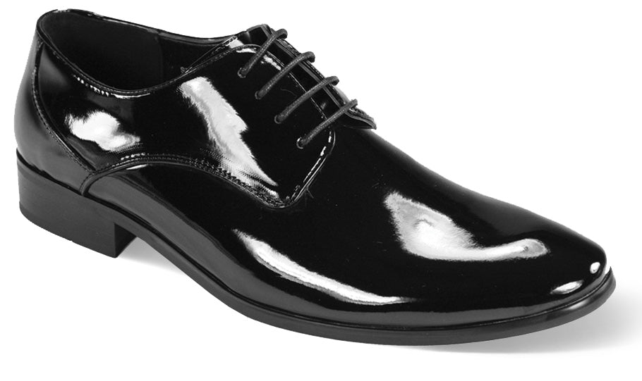 The AFTER MIDNIGHT After Midnight 5900 Black Patent Dress Shoes feature a black plain toe design crafted from faux patent leather with lace closure, displayed from a side angle on a white background.