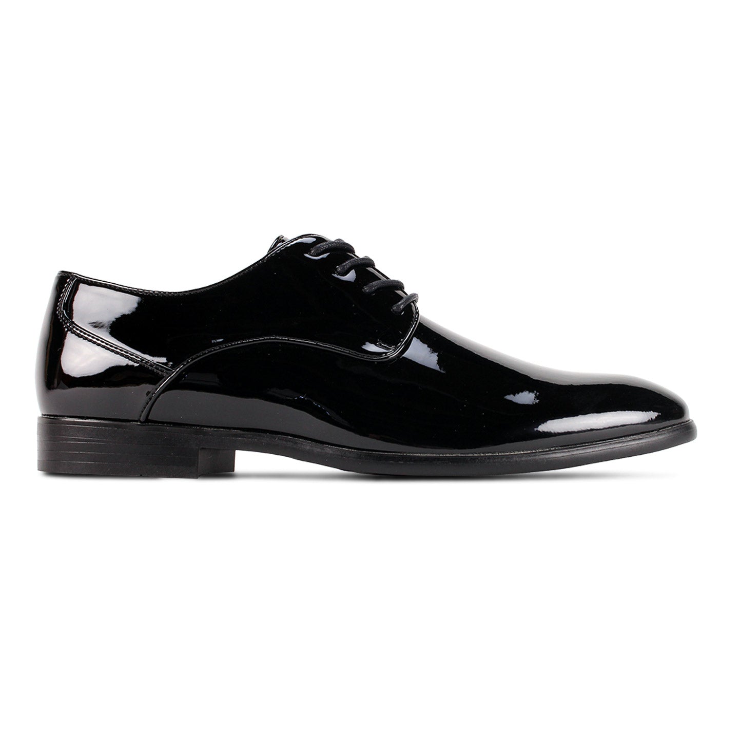The AFTER MIDNIGHT After Midnight 5900 Black Patent Dress Shoes feature a black plain toe design crafted from faux patent leather with lace closure, displayed from a side angle on a white background.