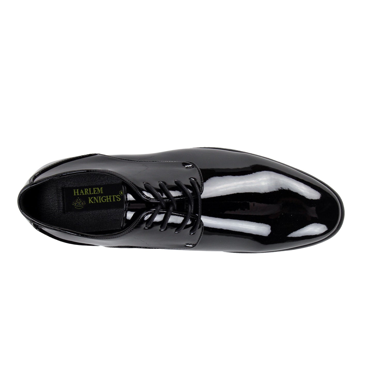 The AFTER MIDNIGHT After Midnight 5900 Black Patent Dress Shoes feature a black plain toe design crafted from faux patent leather with lace closure, displayed from a side angle on a white background.