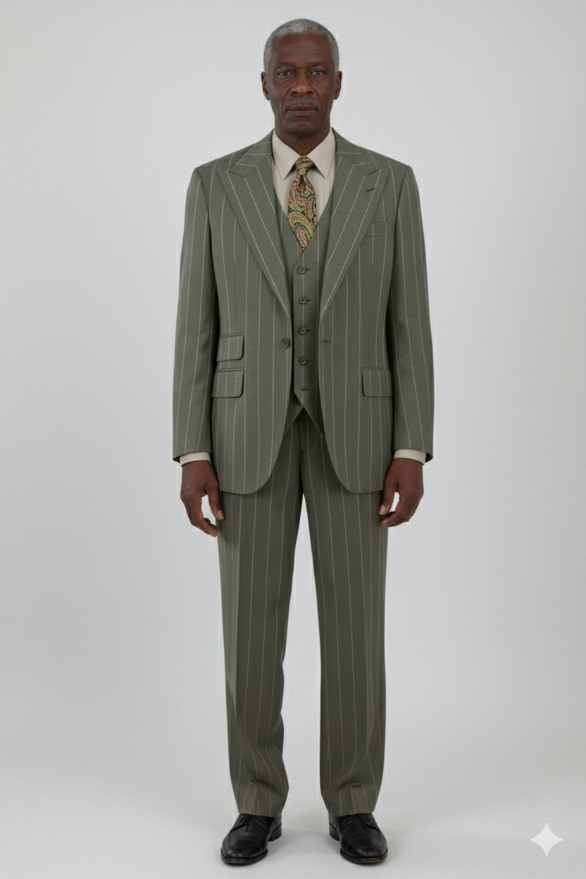 The Tiglio Rosso Orvietto Sage Green Stripe (TL5066) suit, made from 100% wool, includes a single-breasted jacket and semi wide-leg trousers, seen against a plain white background.