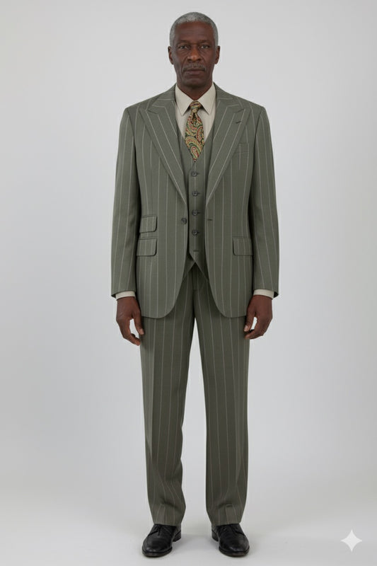 The Tiglio Rosso Orvietto Sage Green Stripe (TL5066) suit, made from 100% wool, includes a single-breasted jacket and semi wide-leg trousers, seen against a plain white background.