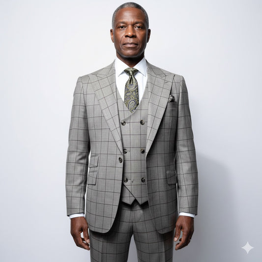 A mannequin wears a Tiglio Rosso Orvietto Grey/Brown Windowpane TL5167 suit (46R & 46L only) with a patterned tie and pocket square, set against a neutral curtain backdrop.