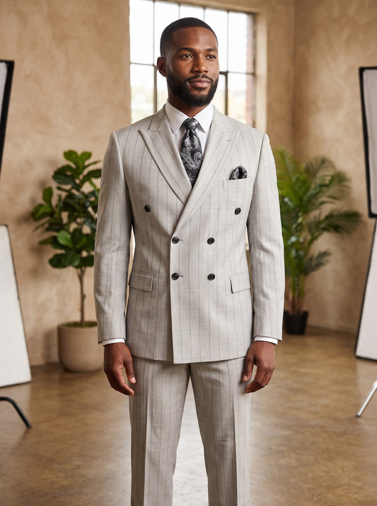 A man wearing a Tiglio Luxe PISTOIA Modern Fit Grey Pinstripe Double Breasted Suit WS8504 in light grey, styled with a white shirt and a dark patterned tie.
