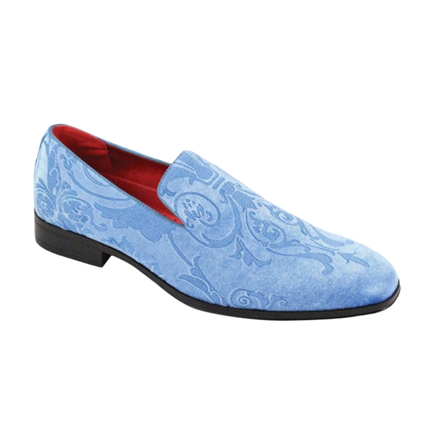 The After Midnight 7017 BLUE PAISLEY loafer features a blue satin design with floral patterns, red interior lining, and a sleek buckle accent for an elegant touch.