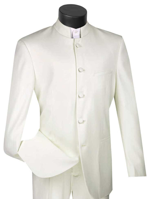 The Regular Fit 2 Piece Banded Collar Tuxedo (Ivory) 5HT by Vinci Suits, with a Nehru banded collar and single-breasted design featuring five buttons, is displayed on a black mannequin.
