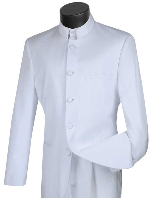 White 2-piece regular fit tuxedo with a banded collar and buttoned front by Vinci Suits.