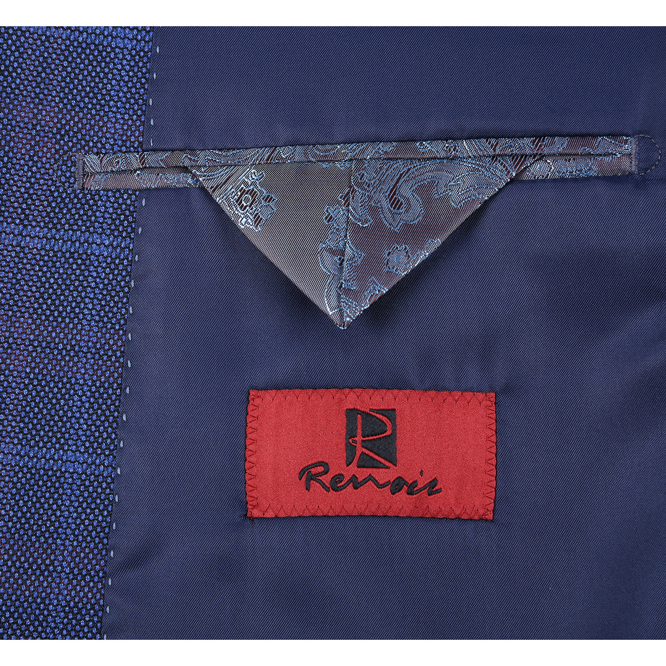 The Alessandro Vitello by Renoir Classic Fit Blazer Blue 294-47 features a notch lapel, paisley lining, two-button closure, and includes a pocket square in the breast pocket.