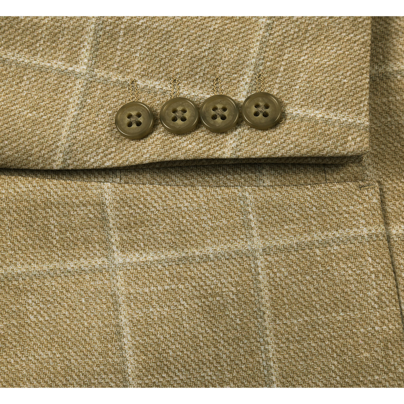 The Pellagio Men's Half Canvas Blazer Rattan PS25-2, a slim-fit tan plaid jacket with notched lapel, is displayed on a mannequin with a white shirt, burgundy patterned tie, and matching pocket square.