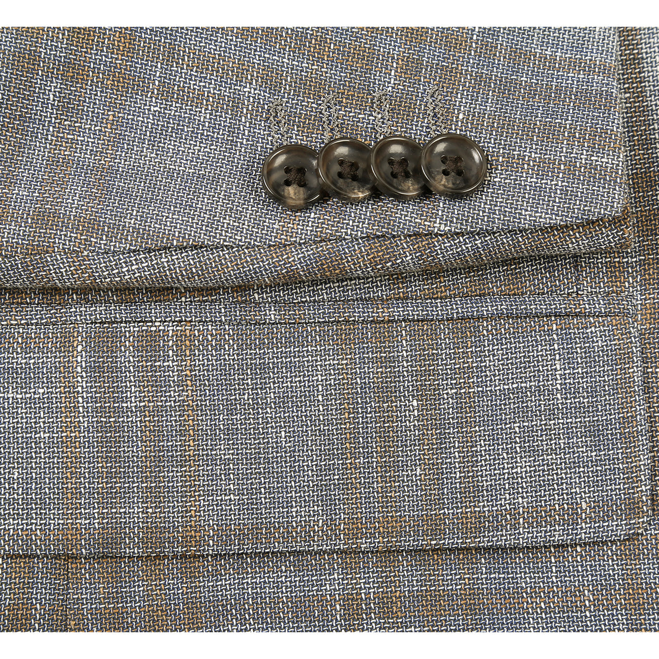 The Renoir Alessandro Vitello Classic Fit Wool Gray Brown Blazer 565-13 is displayed on a mannequin with a notch lapel, matching vest, white dress shirt, beige patterned tie, and pocket square.