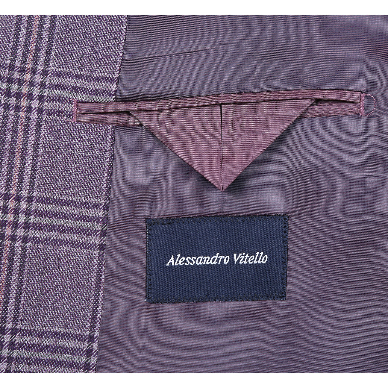 The Alessandro Vitello by Renoir New Slim Fit Wool Purple Blazer 567-2 features a purple plaid design with a notch lapel, shown paired with a white shirt, purple tie, and pocket square; crafted from 100% wool with close-up fabric and label details.