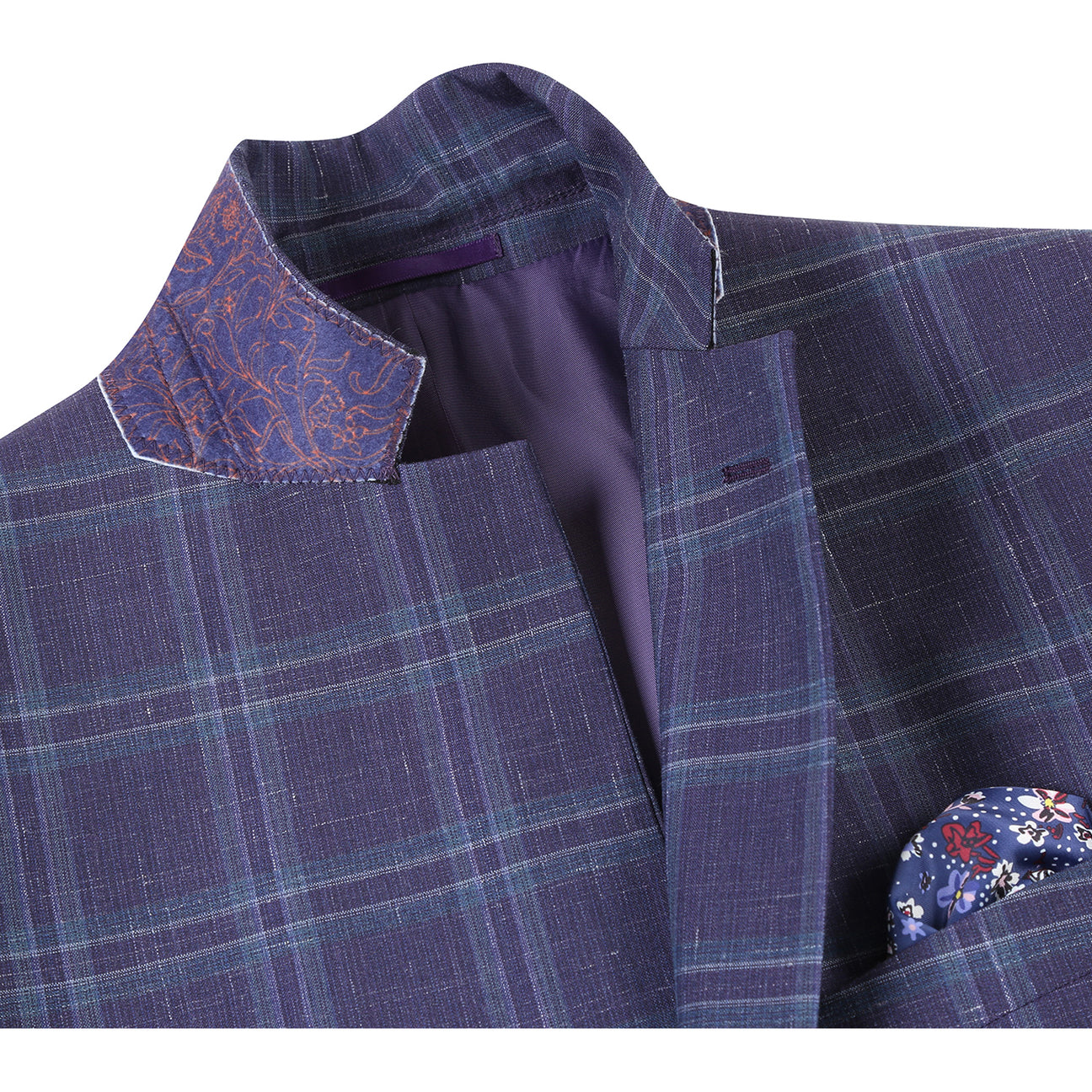 The Alessandro Vitello by Renoir New Slim Fit Wool Blazer Purple Blue 565-6 is displayed on a mannequin, highlighting its slim fit and single-breasted design. It includes a white shirt, red tie, pocket square, notch lapel, and two-button closure.