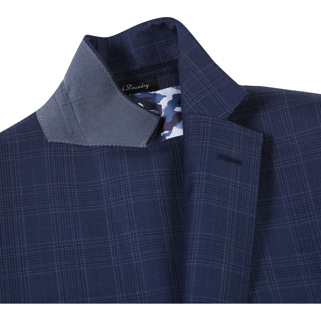 The ENGLISH LAUNDRY Blue Check Suit EL12-50-410 by English Laundry features a classic blue check pattern with notch lapels, paired with a white dress shirt and red patterned tie—an elegant, timeless men's style.