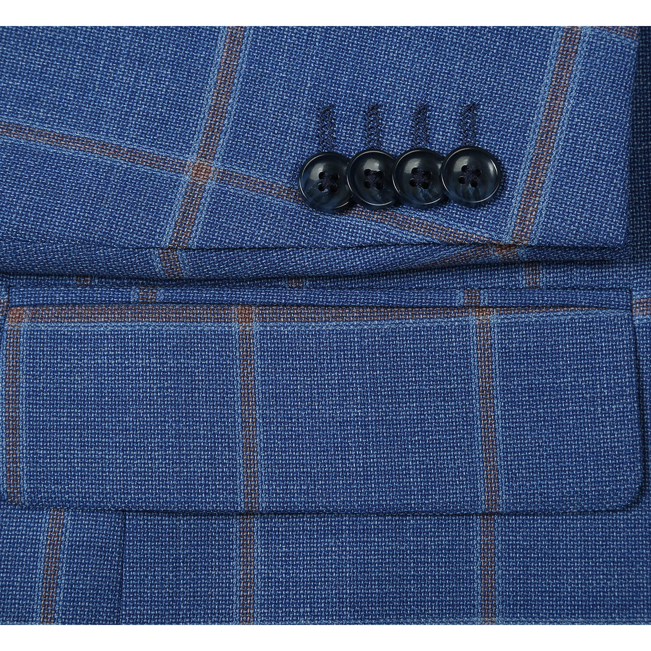 The Alessandro Vitello by Renoir Classic Fit Wool Blue Blazer 565-15 is styled on a mannequin with notch lapels, a white dress shirt, beige tie, and red patterned pocket square.