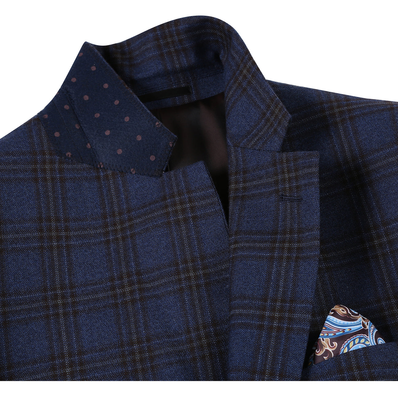 The Alessandro Vitello ALESSANDRO VITELLO Classic Fit Wool Blue Black Blazer 565-10 features a dark blue plaid design with notch lapel, styled with a white shirt, red patterned tie, and pocket square on a mannequin against a plain white background.