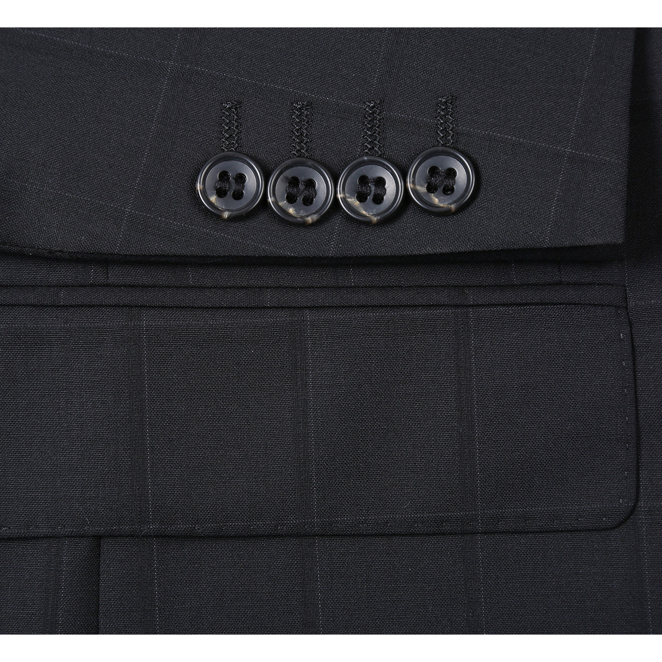 The Renoir Alessandro Vitello New Slim Fit Wool Black Suit 566-15 features a modern black checkered design, displayed on a mannequin with a white dress shirt and purple tie, blending classic style with contemporary fit.