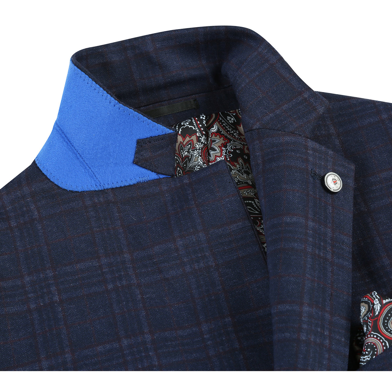 A mannequin dressed in a Pellagio Men's Half Canvas Navy Blazer PF23-14, styled with a white shirt, polka-dot tie, and a patterned pocket square.