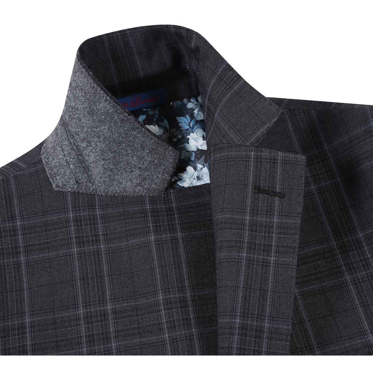 The ENGLISH LAUNDRY Dark Gray Check Suit 22-57-095EL by English Laundry features a slim fit, black and gray plaid design with a two-button closure, styled over a white shirt and blue patterned tie on a mannequin.